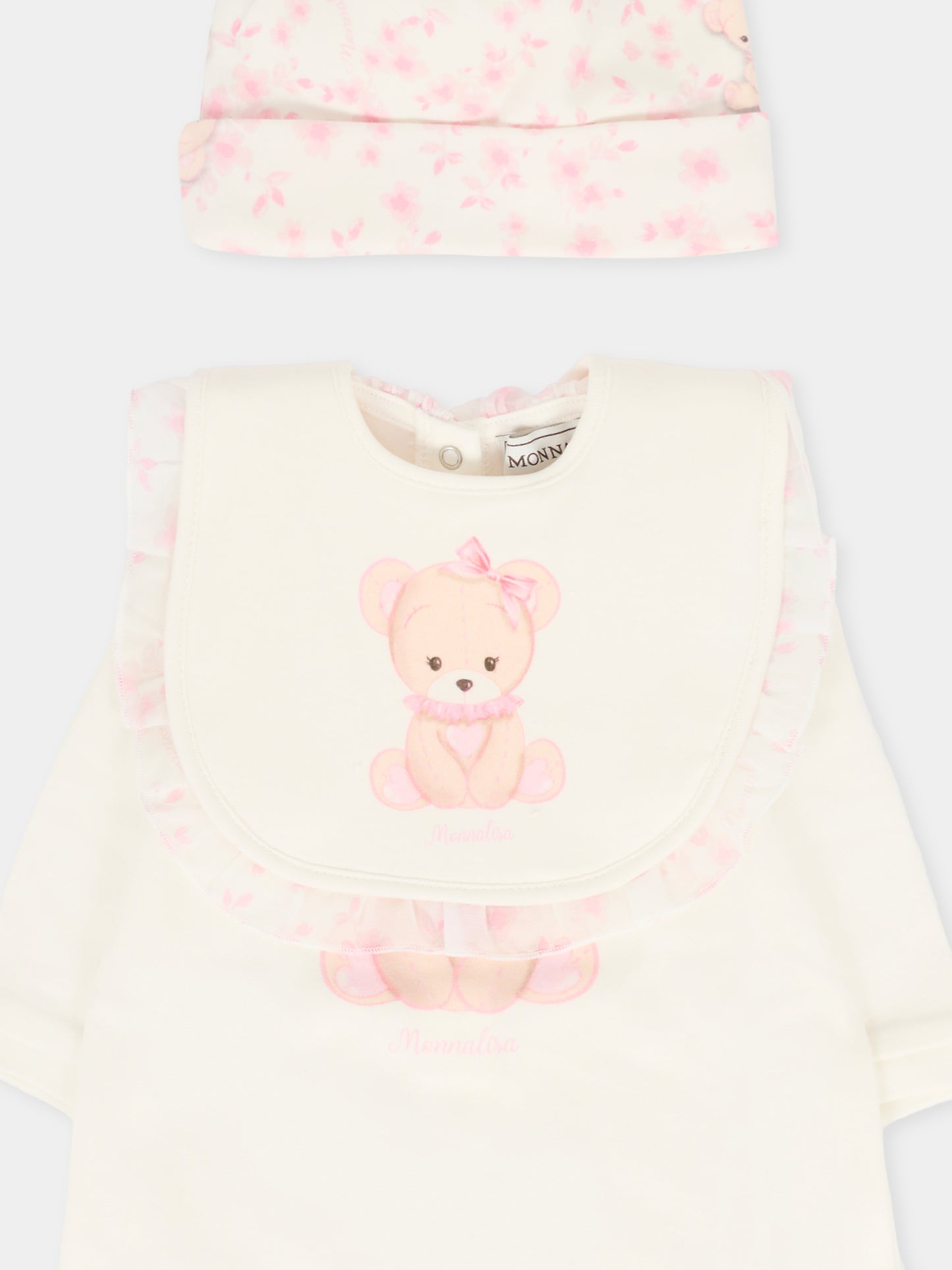 Set tutina avorio per neonata con orsetto rosa,Monnalisa,35F508 6000 0191