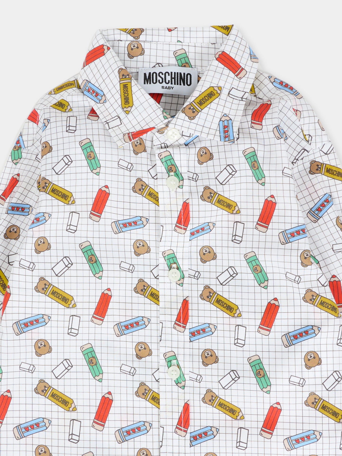 Camicia bianca per neonato con Teddy Bear e matite,Moschino Kids,MUC01H LMB31 84853