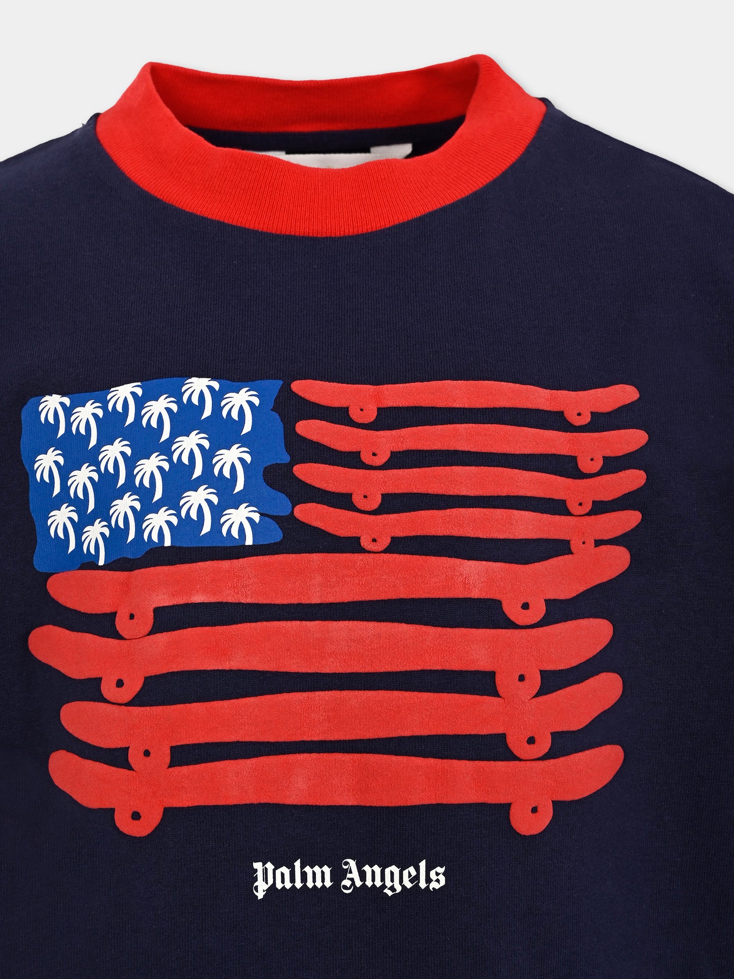 T-shirt blu per bambino con bandiera americana,Palm Angels,PBAA002F25JER0034625