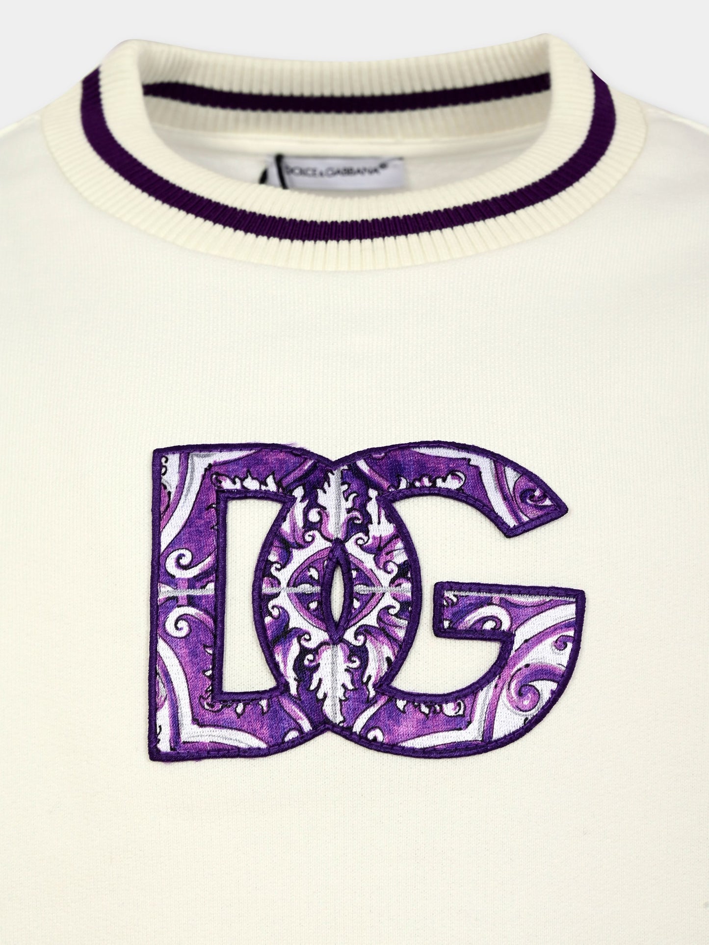 Felpa crop bianca per bambina con stampa maioliche e ricamo DG,Dolce & Gabbana Kids,L5JWBZ G7PED W0111