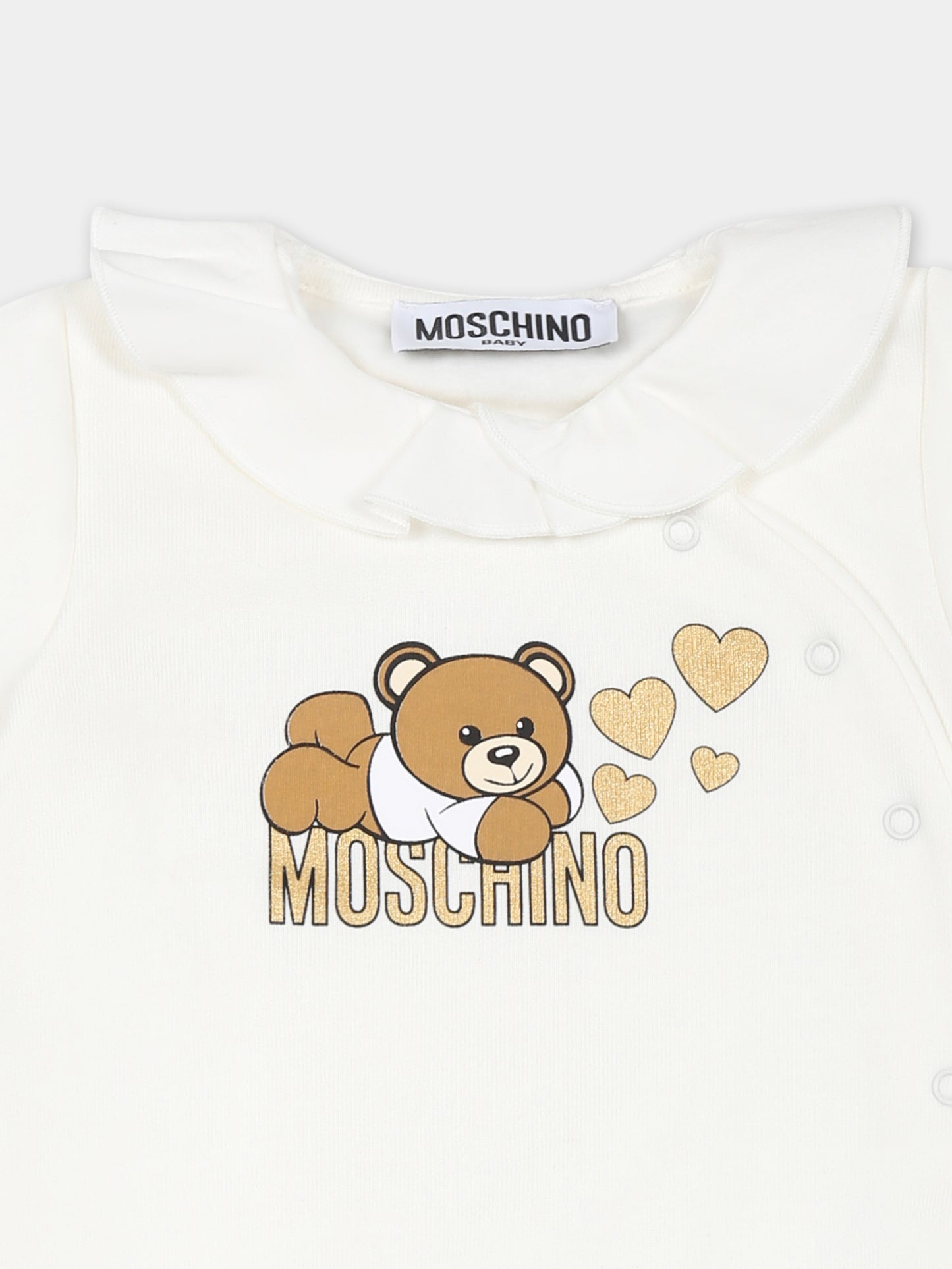 Tutina bianca per neonata con Teddy Bear e cuori,Moschino Kids,MDT018 LCA80 10063