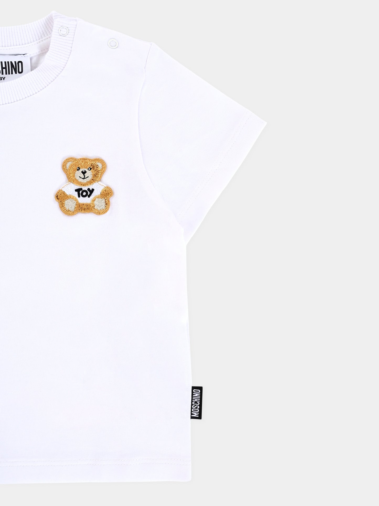 T-shirt bianca per neonati con patch Teddy Bear,Moschino Kids,MUM045 LAA24 10101
