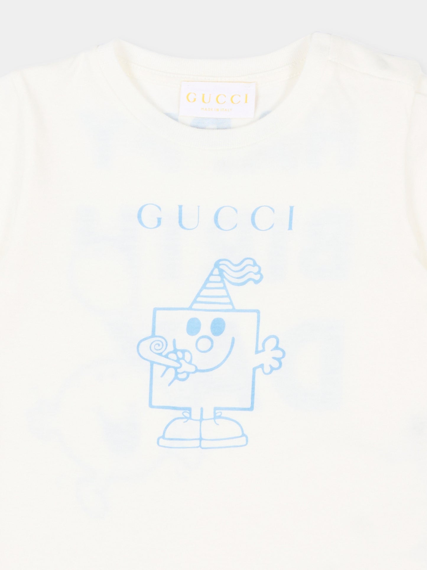 T-shirt bianca per neonati con stampa party,Gucci Kids,834576 XJHPI 9214