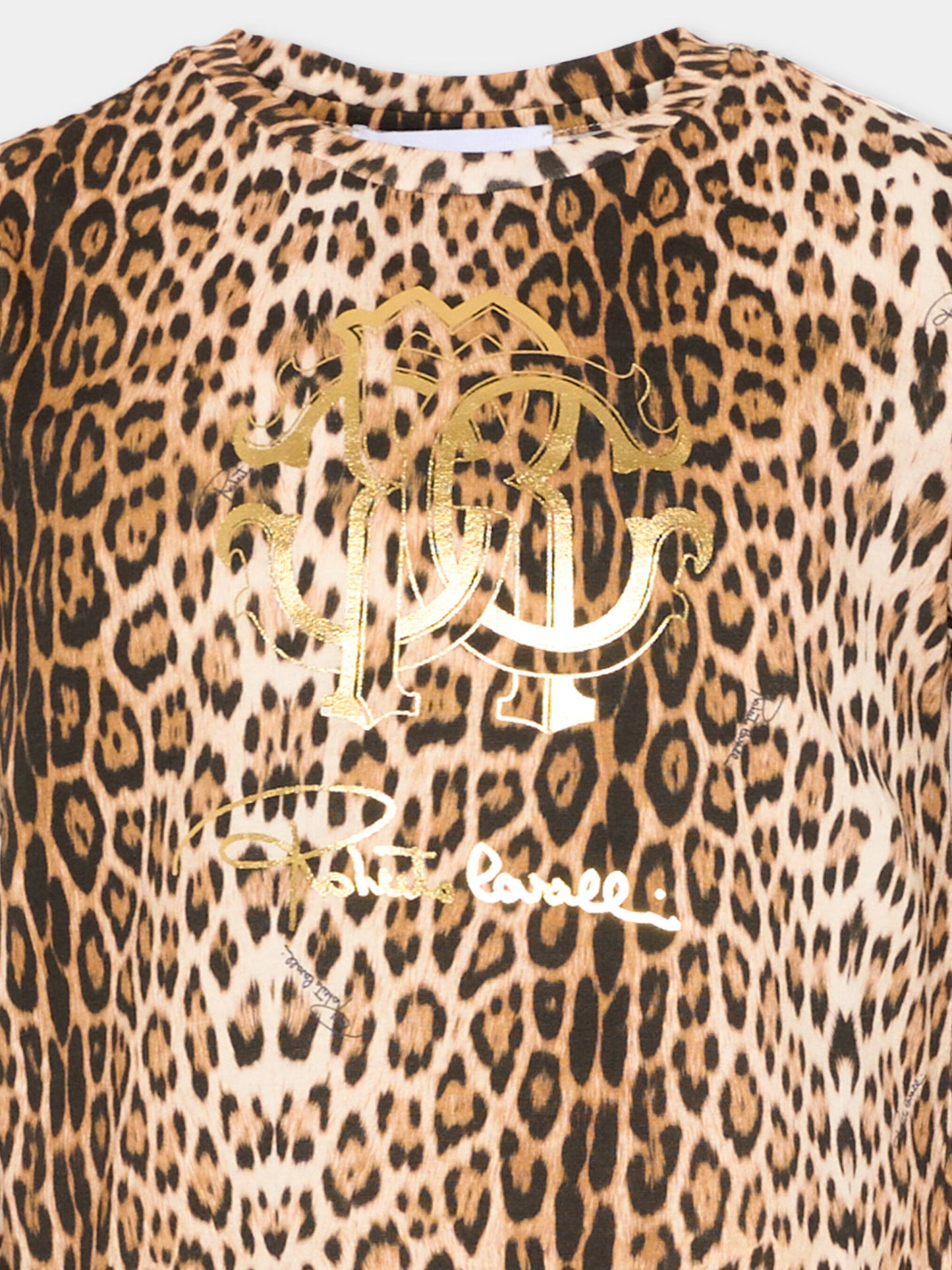 T-shirt marrone per bambina con stampa animalier,Roberto Cavalli Kids,CGP26124TS MACULA NEW HERITAGE