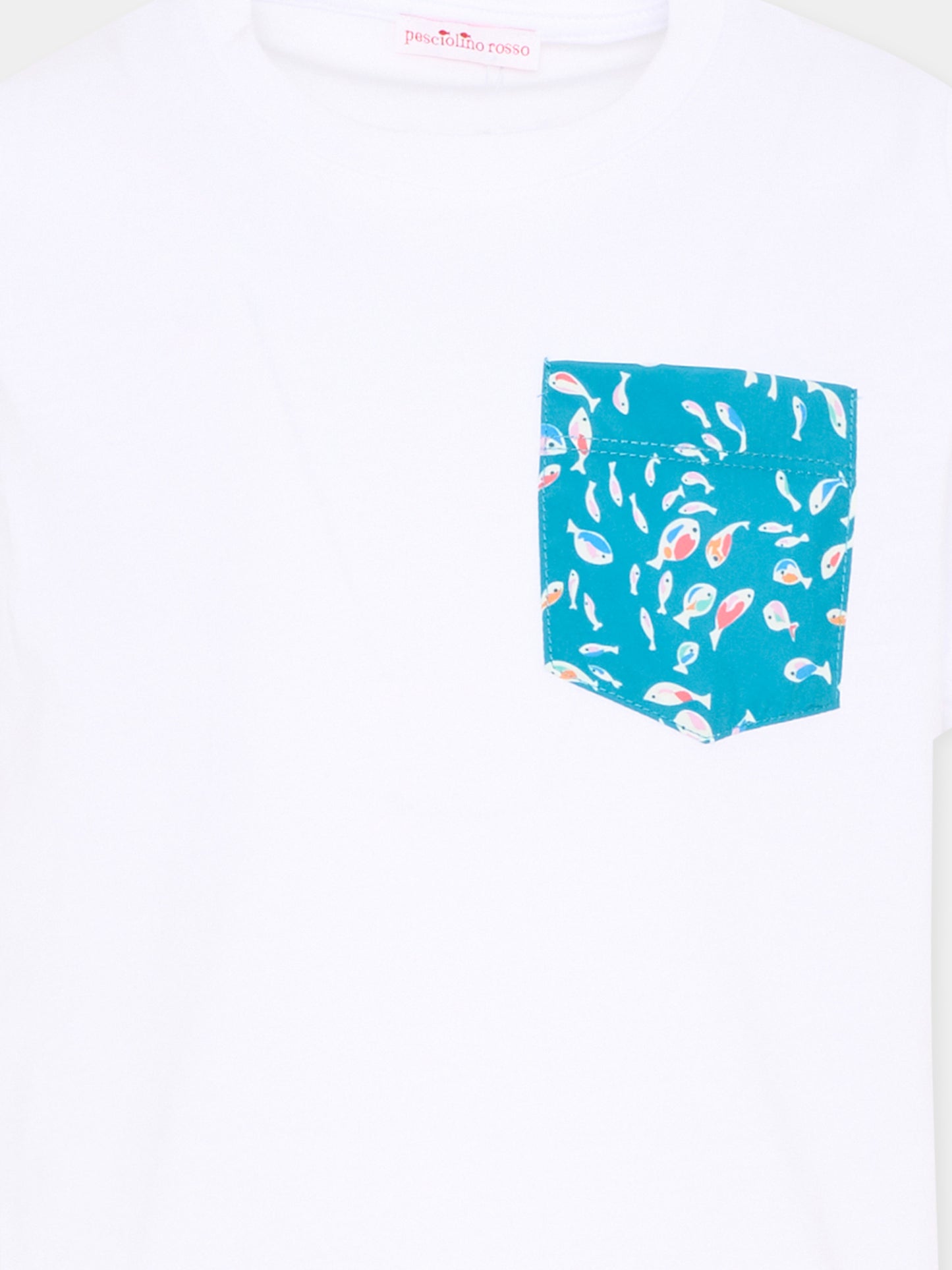 T-Shirt bianca per bambino con tasca pesci,Pesciolino Rosso,TSM S 192
