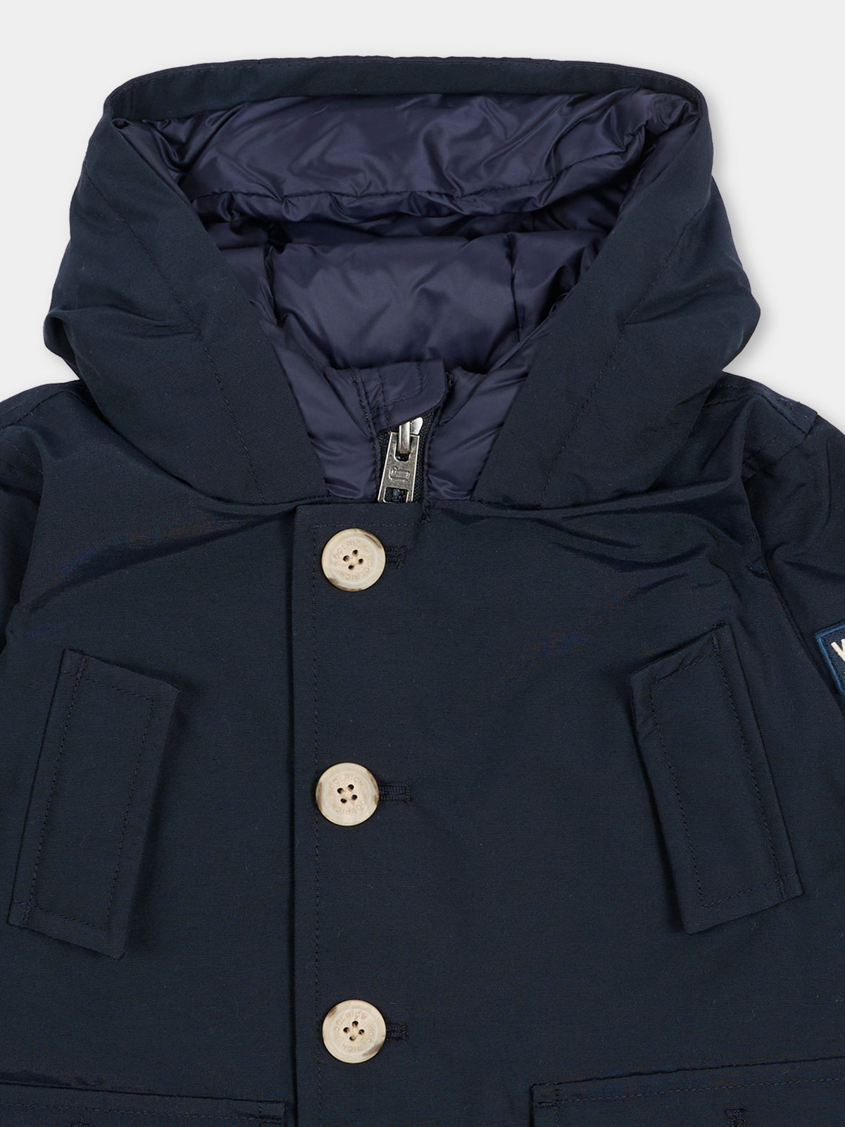 Piumino blu per neonati con cappuccio,Woolrich Kids,CFWKOU0484MBUT0641 UT0641 MLB