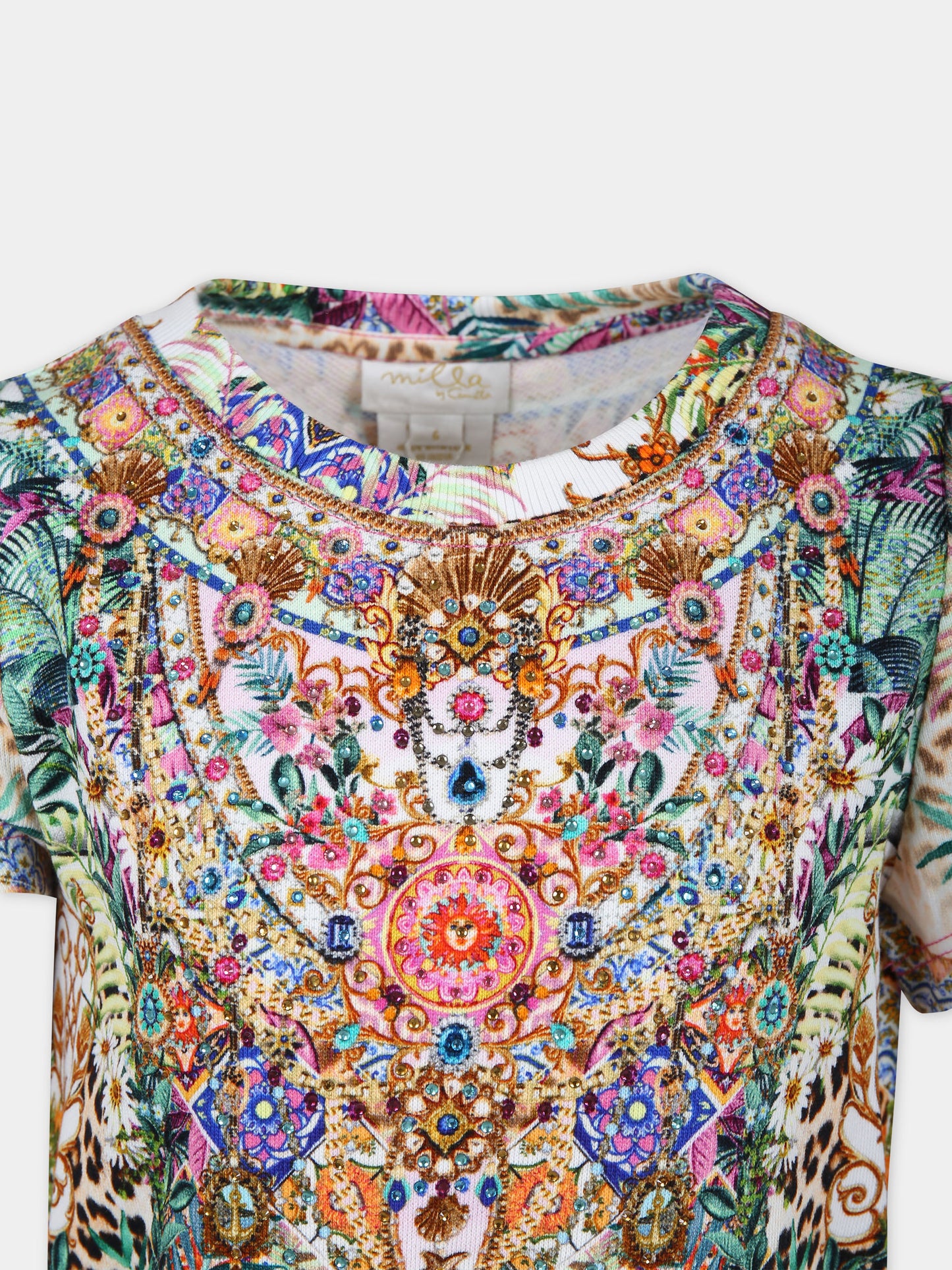 Vestito multicolor per bambina con stampa floreale e strass,Camilla,00026230 FLOWNEPT