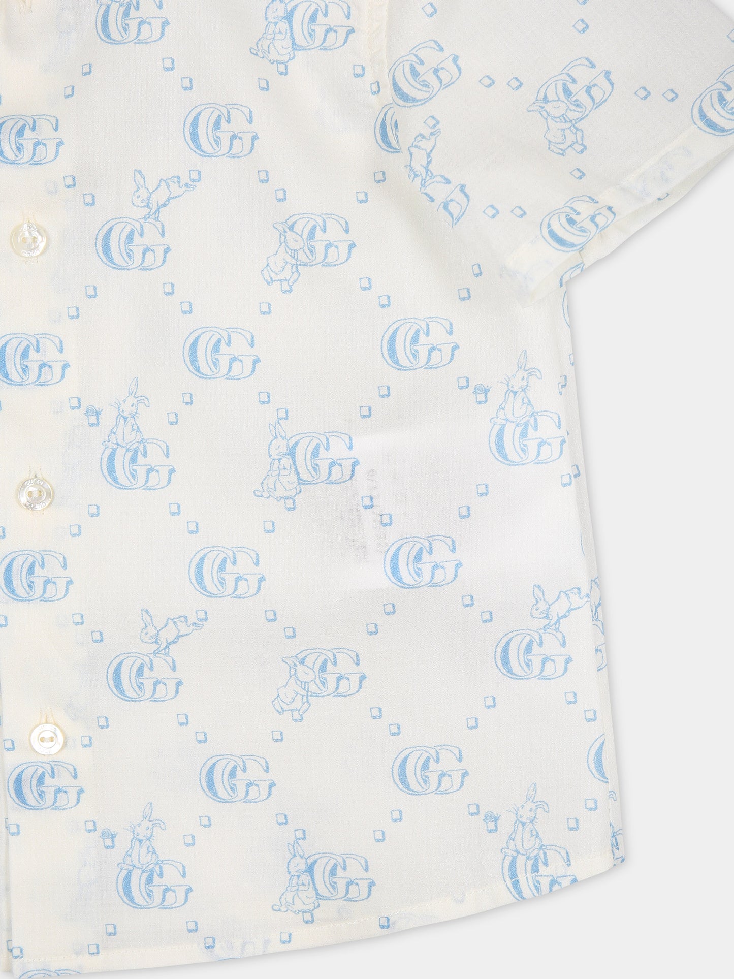Camicia bianca per neonato con logo GG celeste e coniglio,Gucci Kids,770575 XWA0R 9183