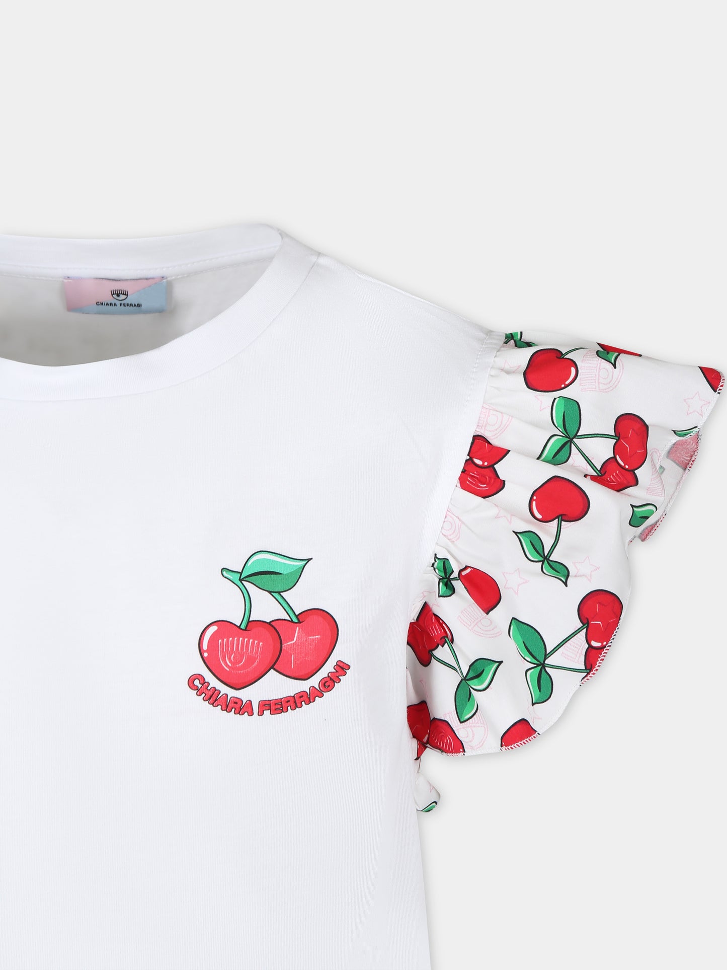 T-shirt bianca per bambina con ciliegia e logo,Chiara Ferragni Collection,51C608 3206 0099