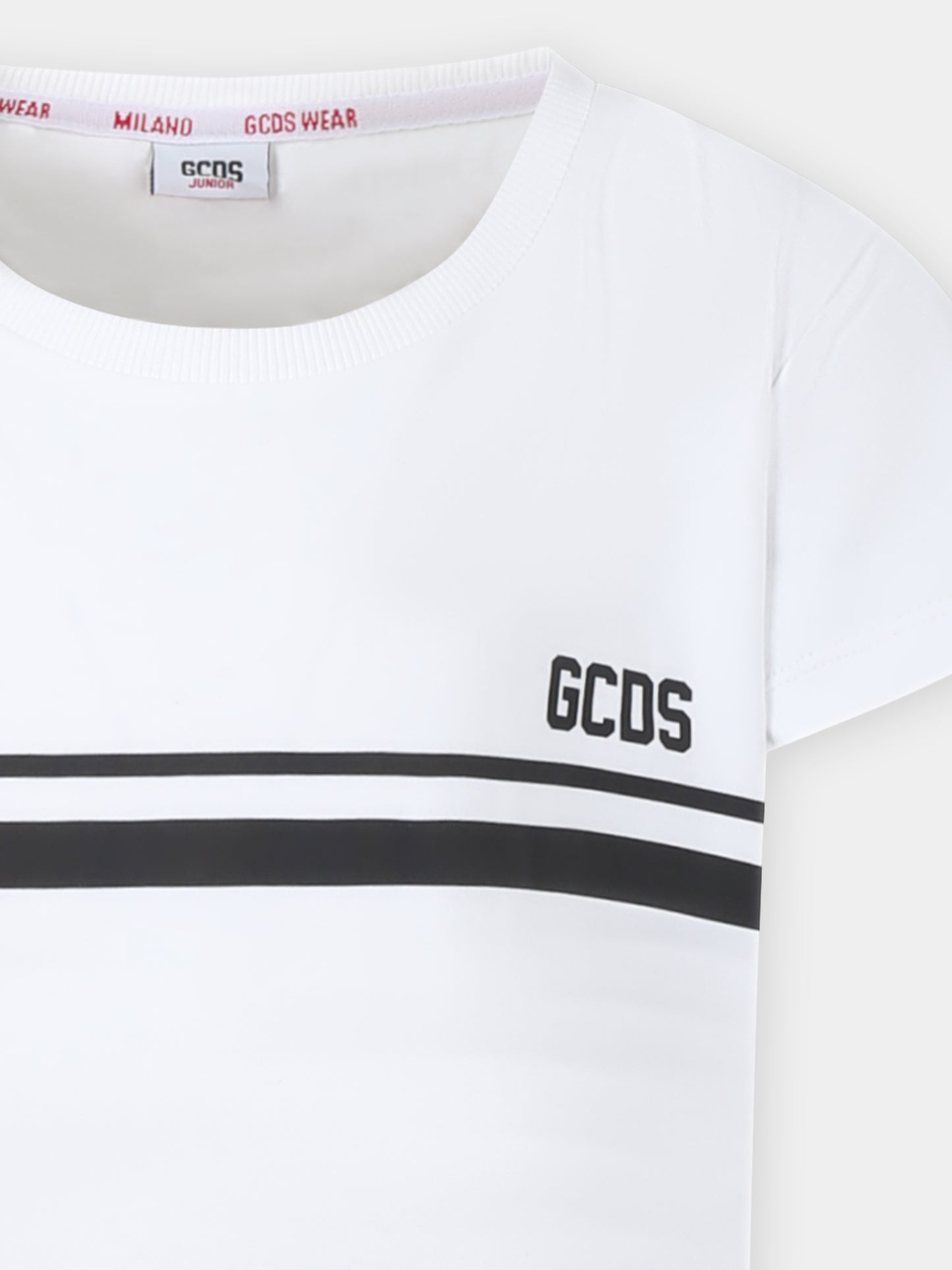 Abito bianco per bambina con righe rosse e logo,Gcds Kids,DDV008 LBA36 10101