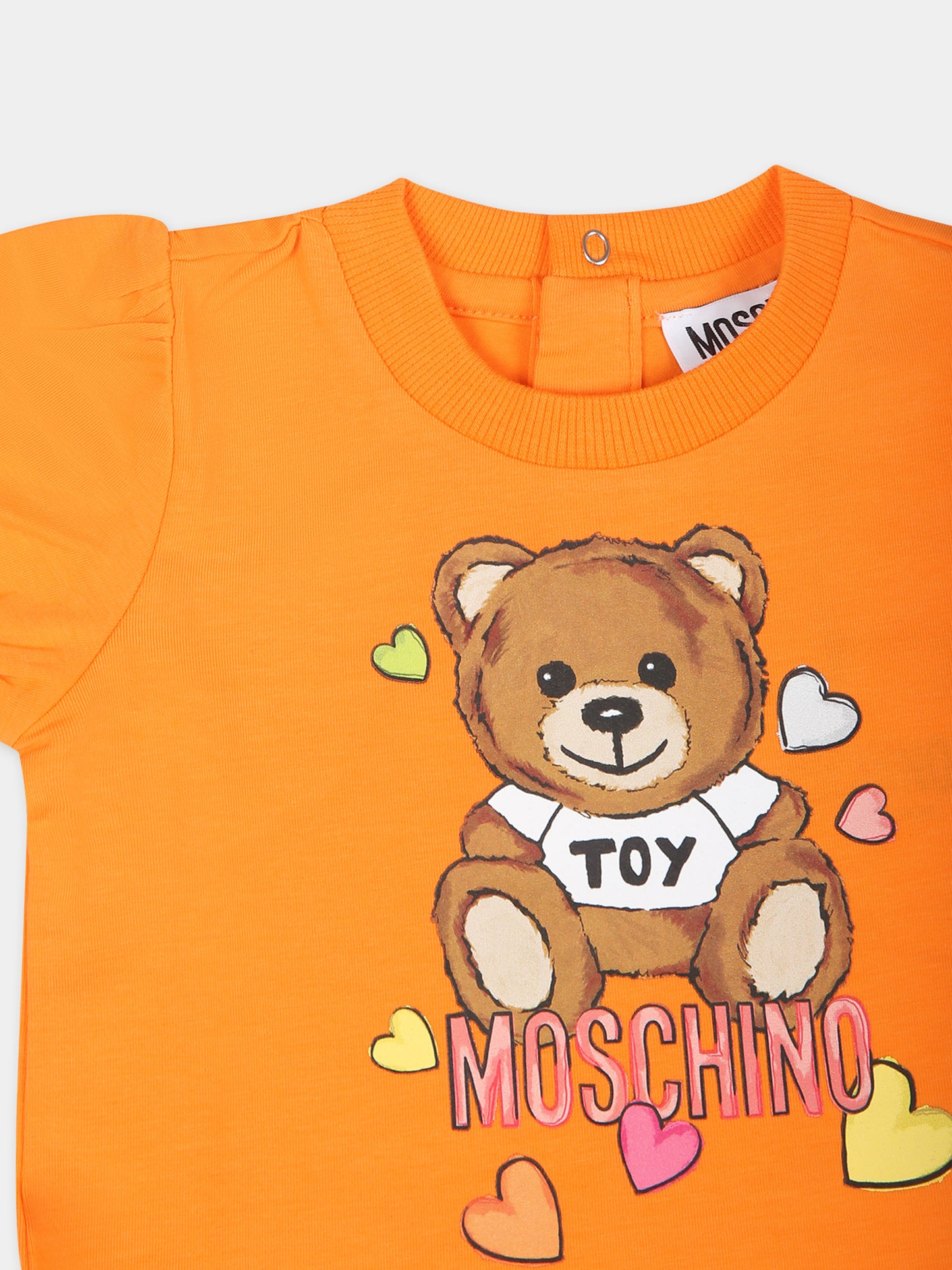 Vestito arancione per neonata con Teddy Bear e cuori,Moschino Kids,MDV0B5 LBA10 50219