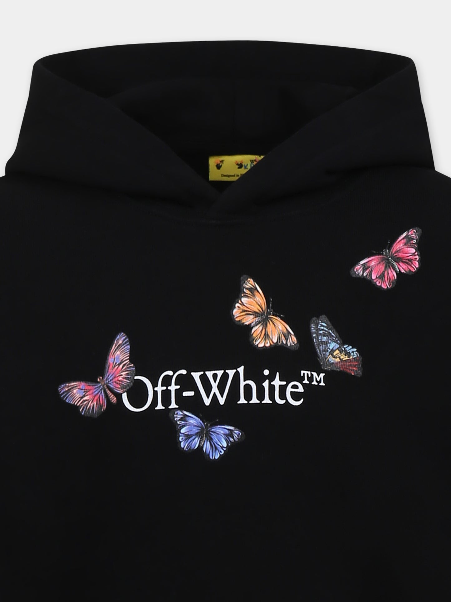 Felpa nera per bambina con logo e farfalle,Off White,OGBB002S25FLE0011001