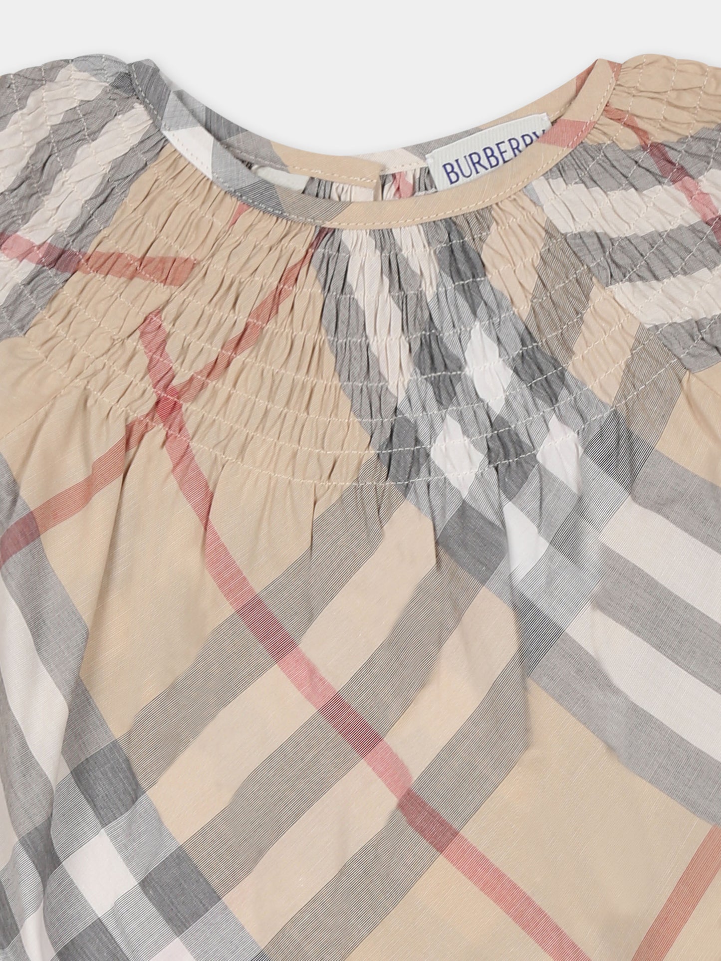 Beige top for baby girl with vintage check