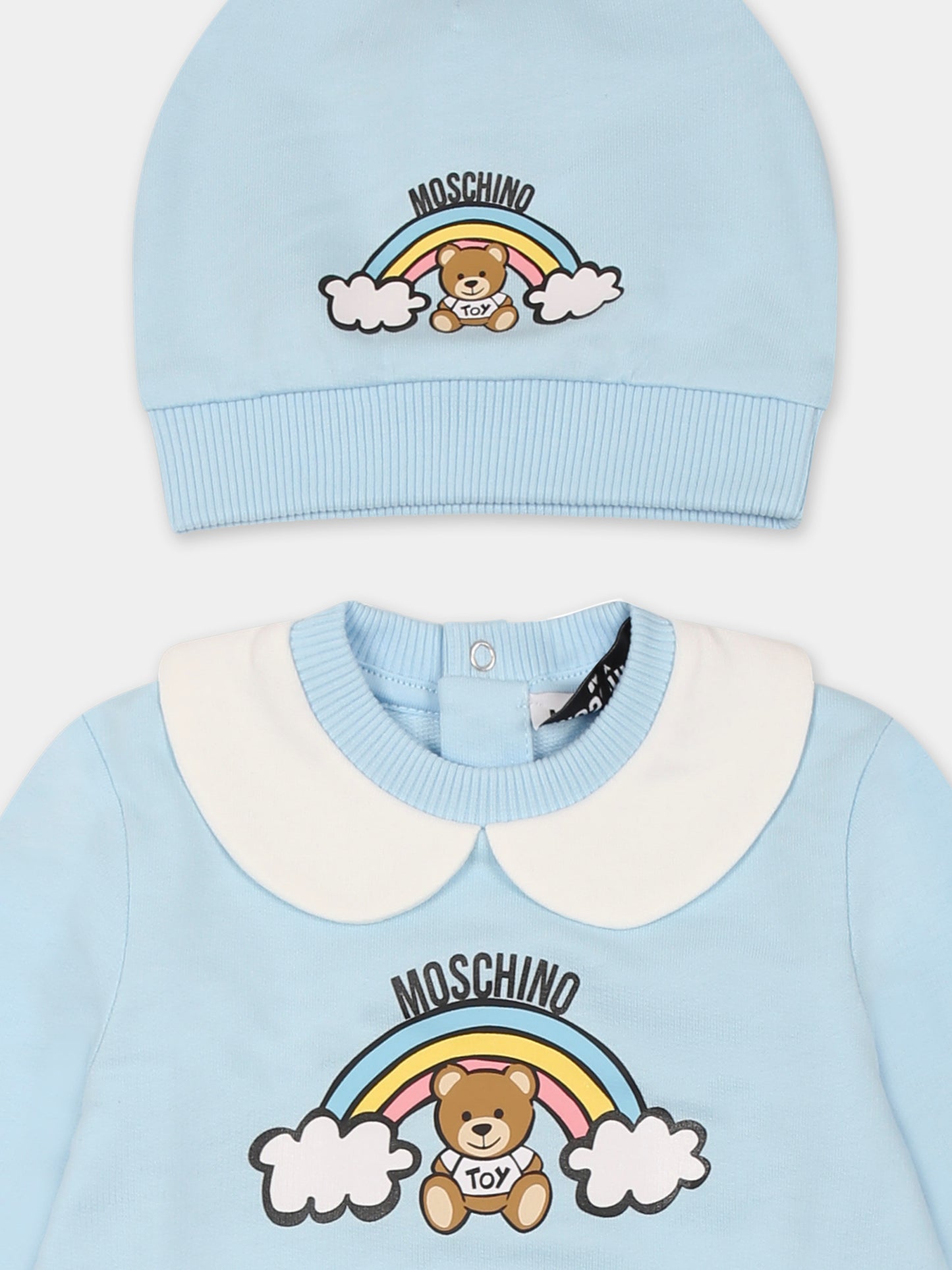 Set tutina celeste per neonato con Teddy Bear e arcobaleno,Moschino Kids,MMY065 LCA19 40304