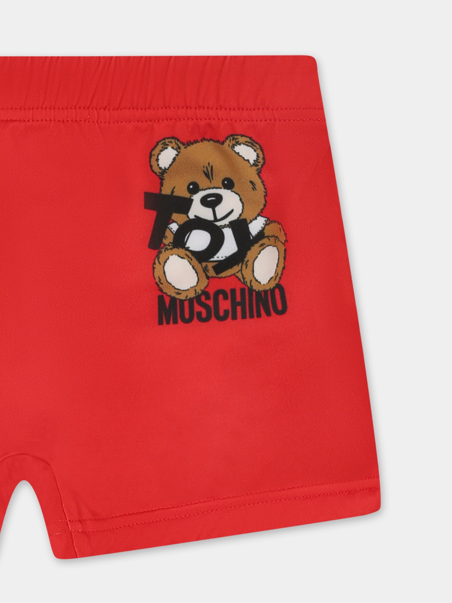 Red swimsuit for babt boy with Teddy Bear and black logo