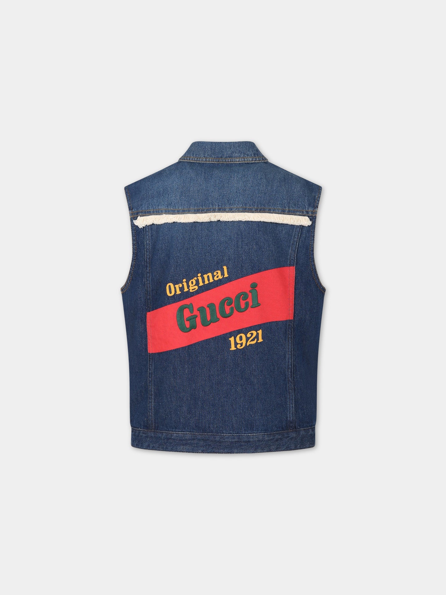 Gilet blu denim per bambino con ricamo Original Gucci 1921 ,Gucci Kids,712324 XDB8B 4759