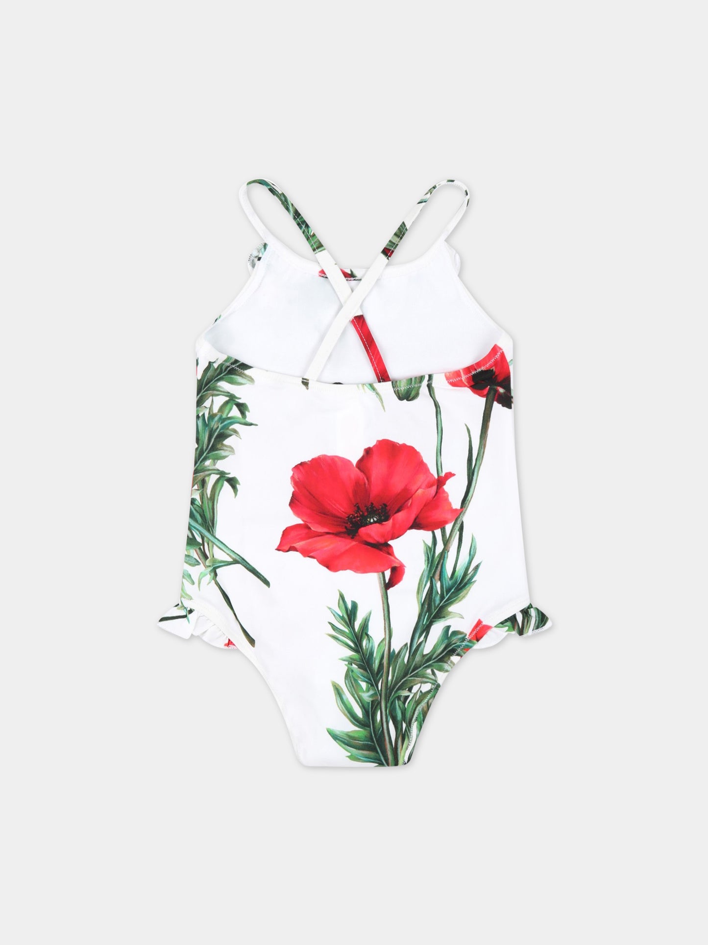 Costume bianco da bagno per neonata con papaveri e logo,Dolce & Gabbana Kids,L2J814 FSG5U HA3VN