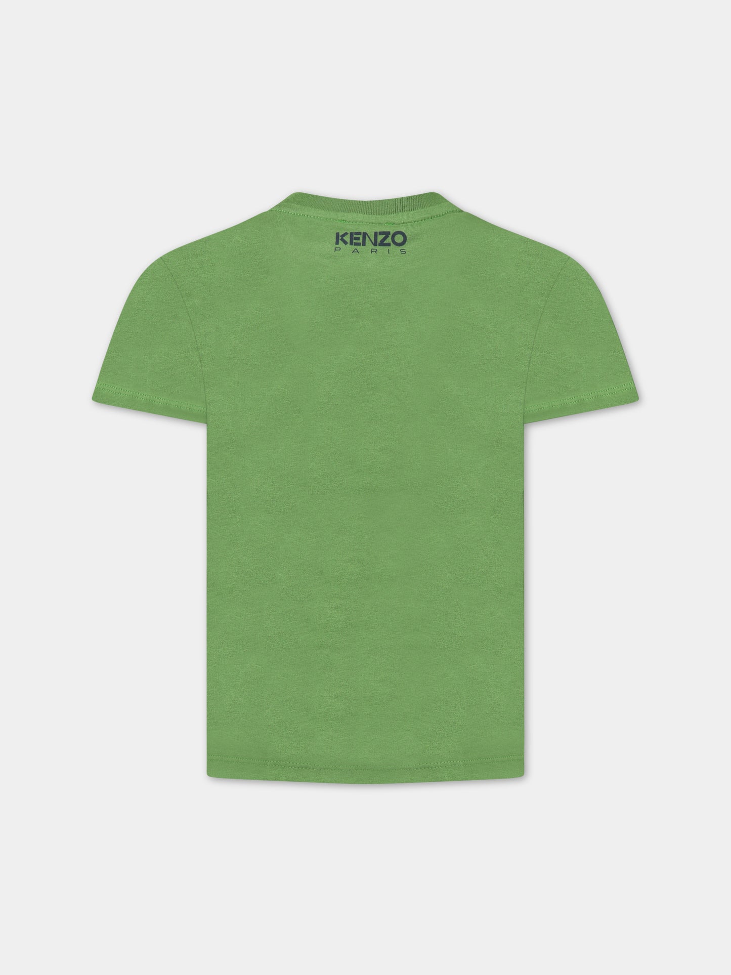 T-shirt verde per bambino con iconico papavero blu e logo,Kenzo Kids,K25809 64M