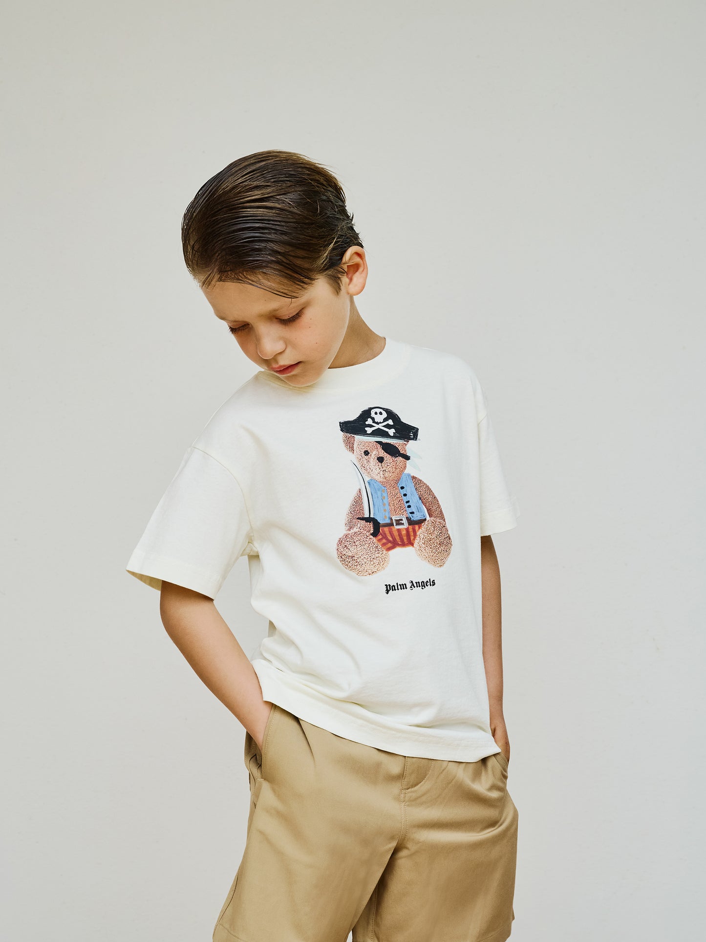 Beige shorts for baby boy with embroidered logo