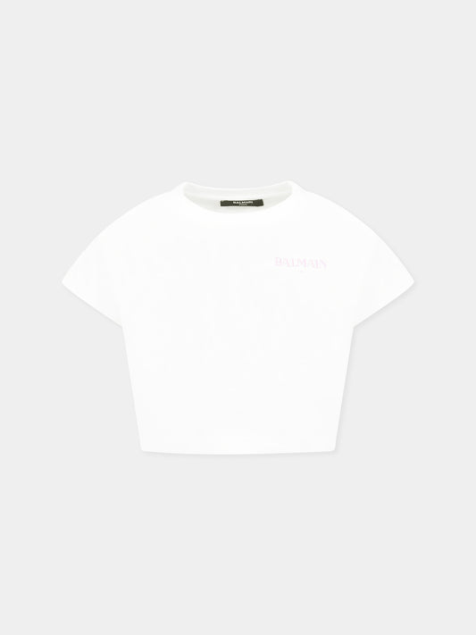 White crop t-shirt for girl with logo