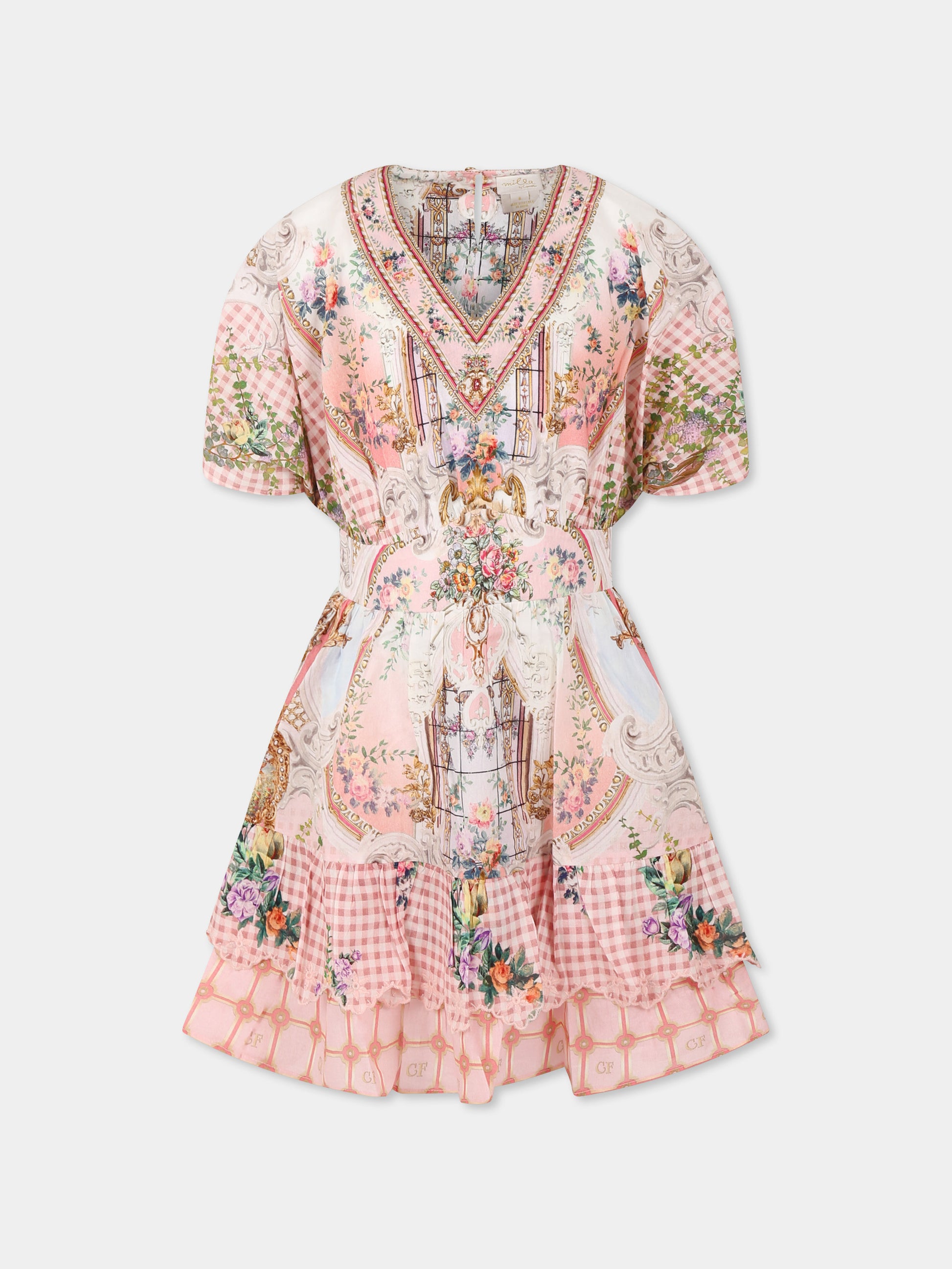 Vestito rosa per bambina con stampa floreale e strass,Camilla,00034387 LISBLULL