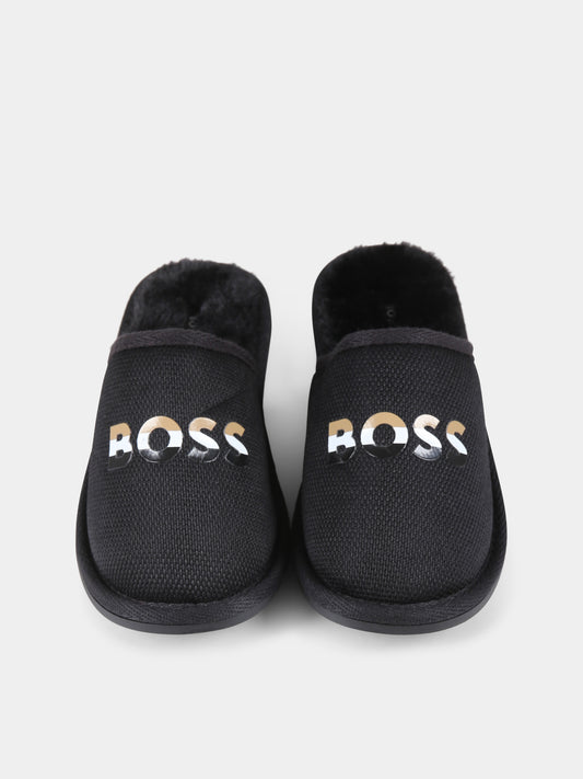 Pantofole nere per bambino con logo,Boss,J29356 09B