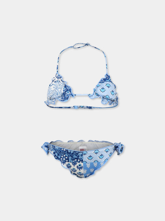 Light blue bikini for girl with  floral print