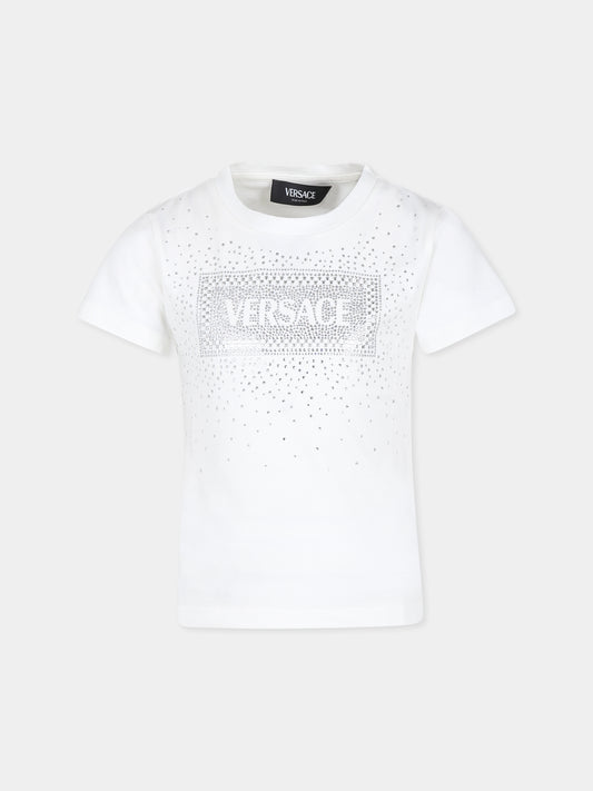 T-shirt bianca per bambina con cristalli e logo,Versace,1000052 1A11469 2B210