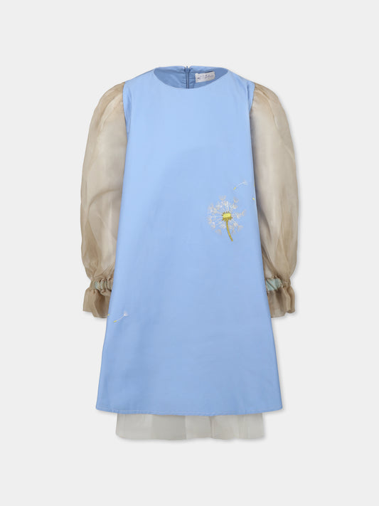 Vestito celeste per bambina con fiori,Pangolini Kids,DANDELION BLUE