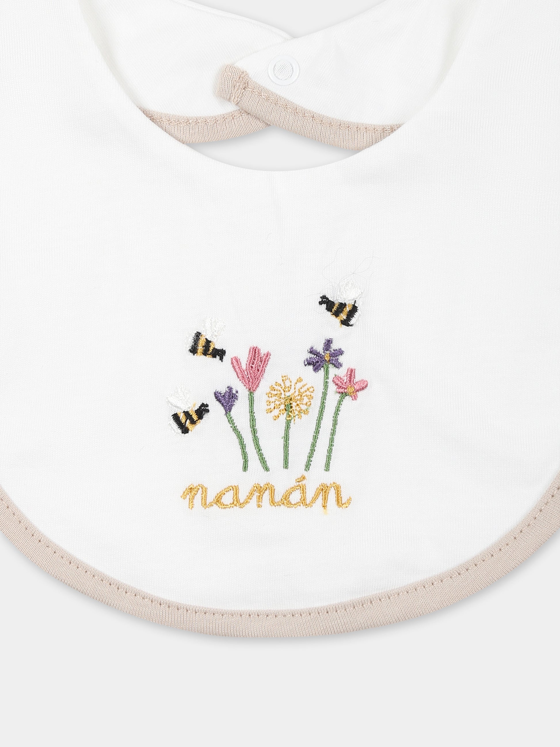 Bavaglino bianco per neonata con api e logo,Nanán,E25407B