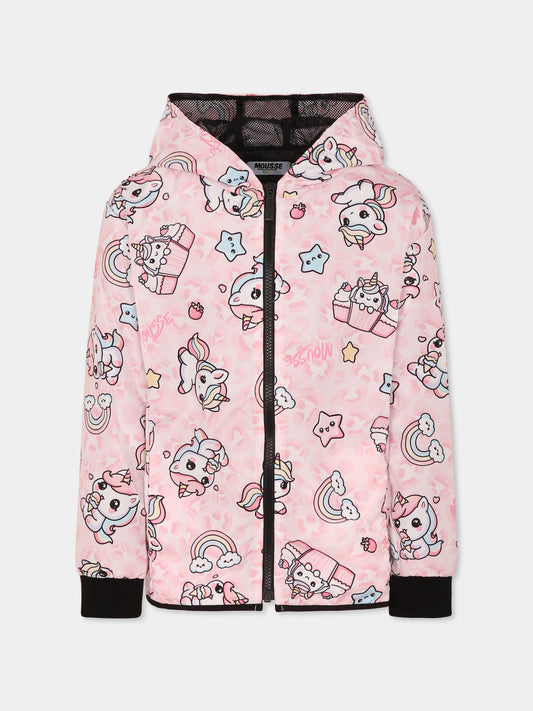 Giacca a vento rosa per bambina con unicorni all over,Mousse Kids,SKNW372