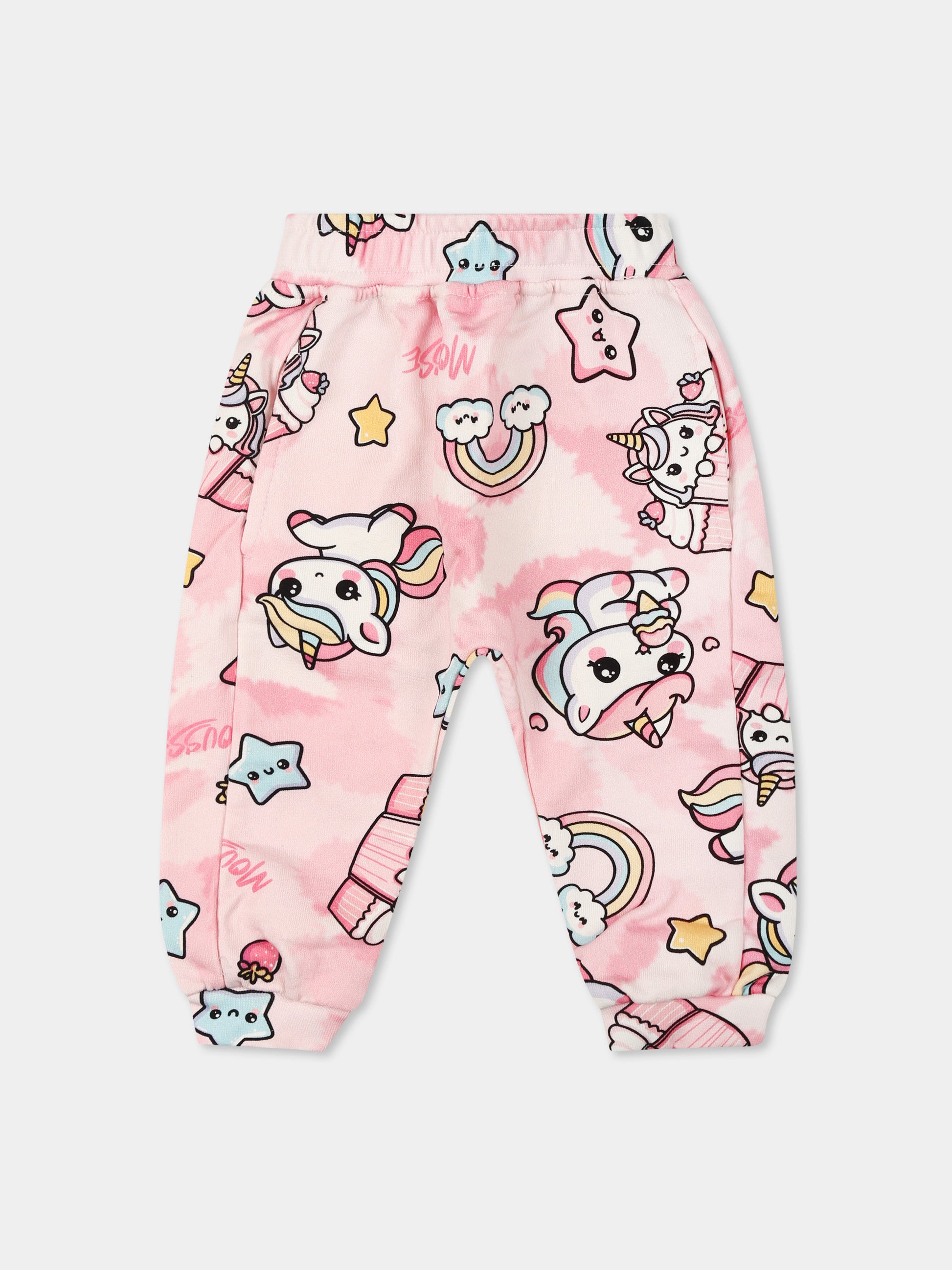 Pantaloni rosa per neonata con unicorno all over,Mousse Kids,SKNP372