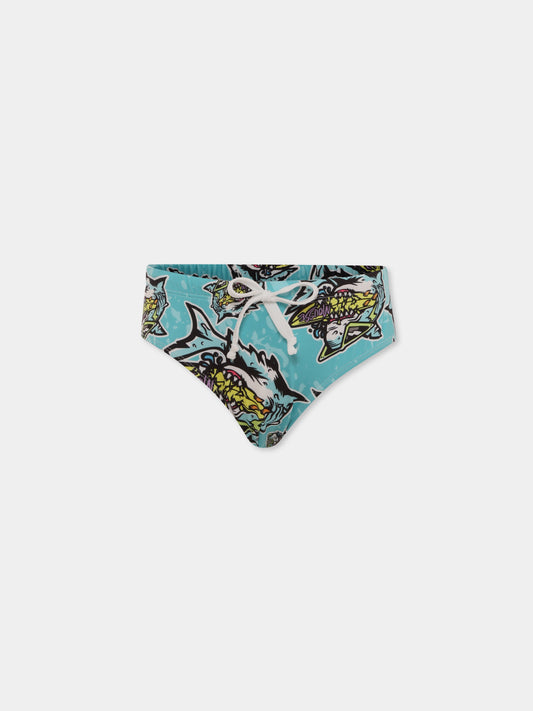 Light blue swim briefs for boy with shark print