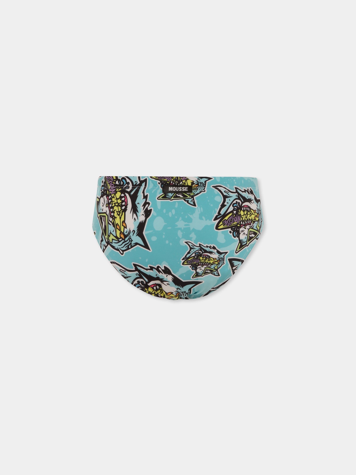 Light blue swim briefs for boy with shark print