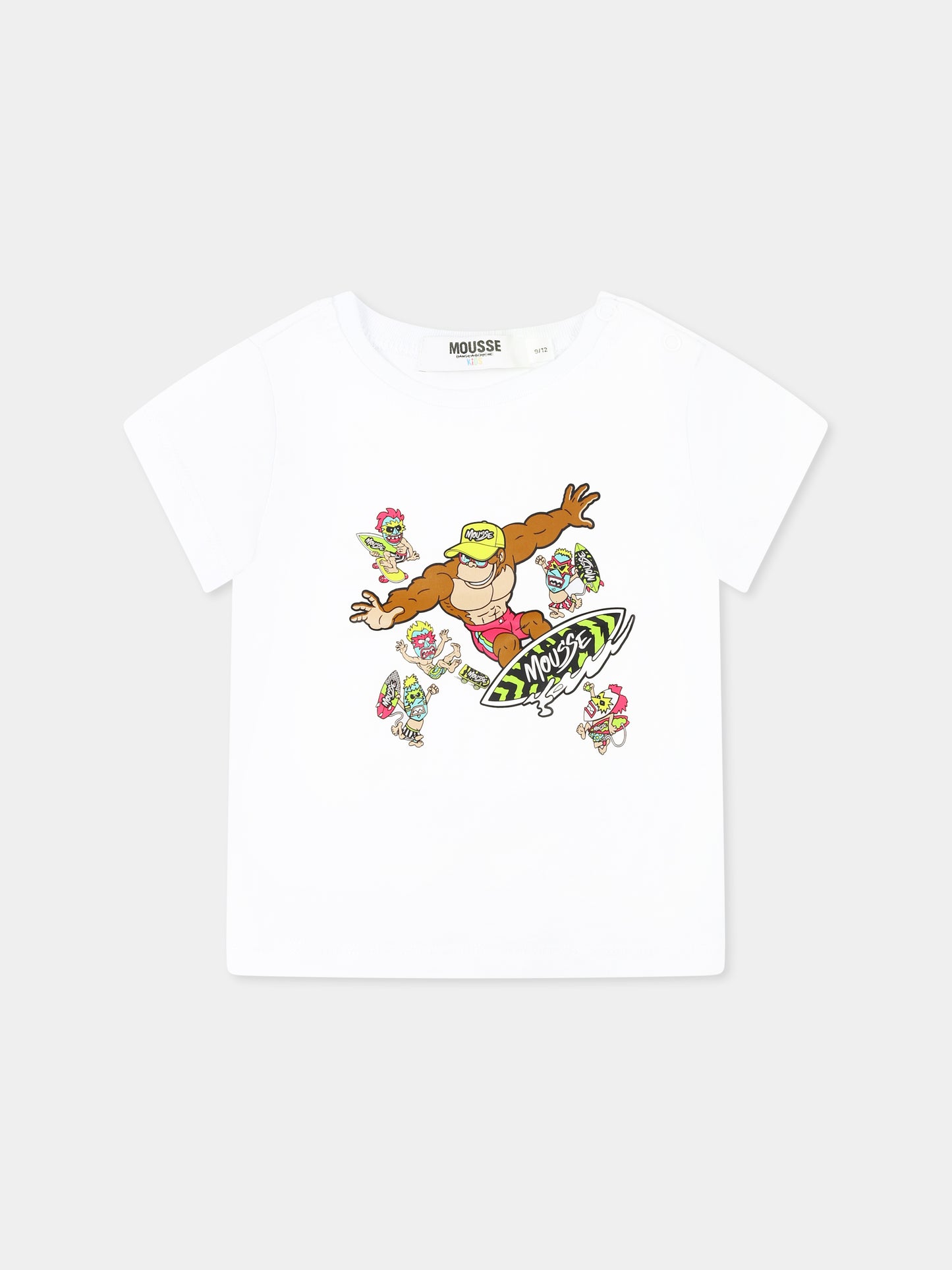 T-shirt bianca per neonato con scimmia e mostri maori,Mousse Kids,SKNTS383W