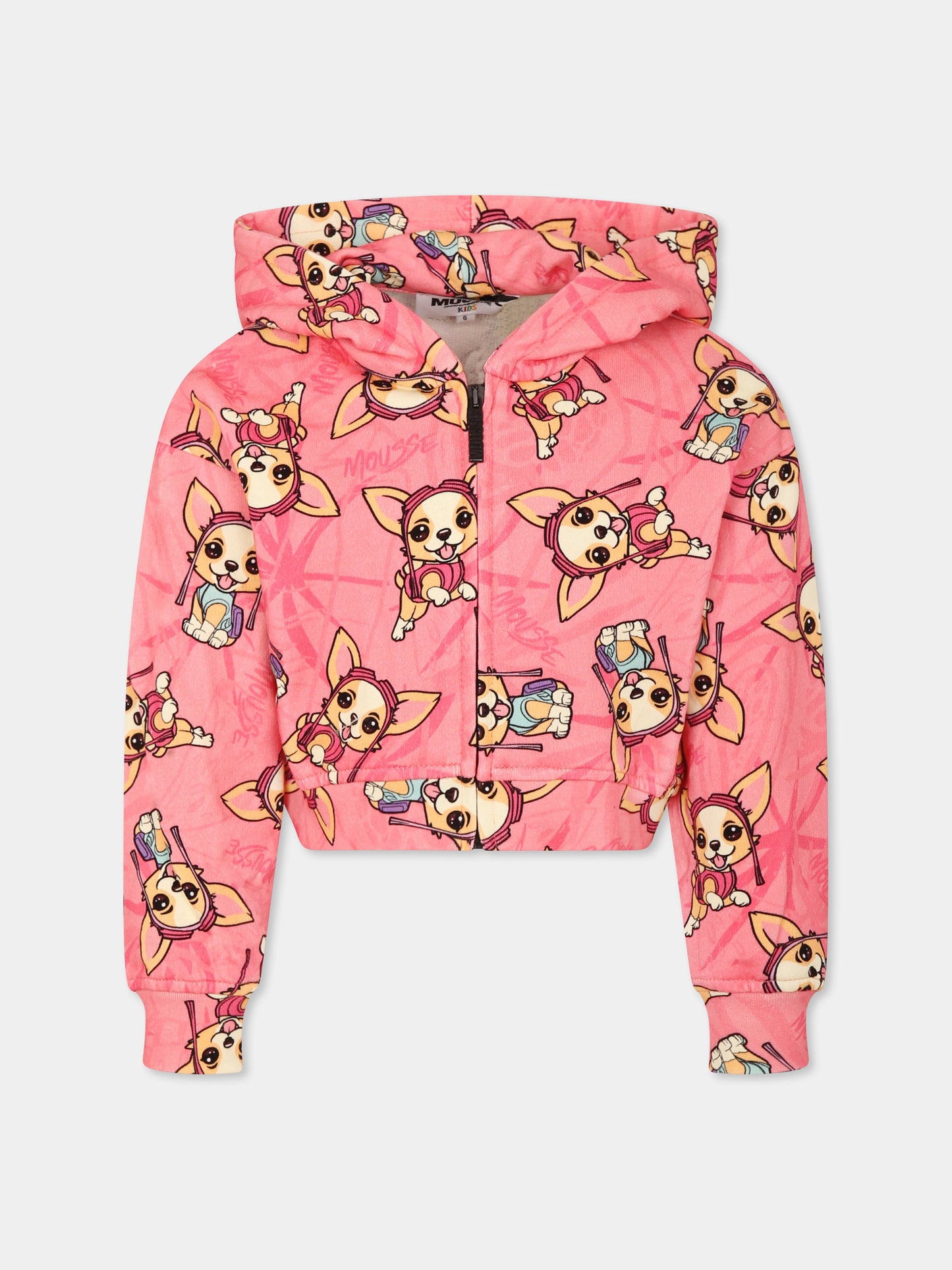 Felpa rosa per bambina con cane all over,Mousse Kids,SKHZ373