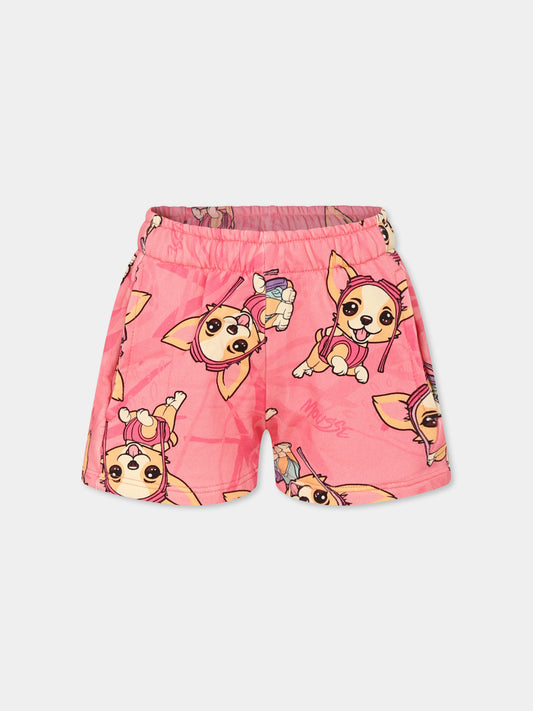 Shorts rosa per bambina con cane all over,Mousse Kids,SKSF373