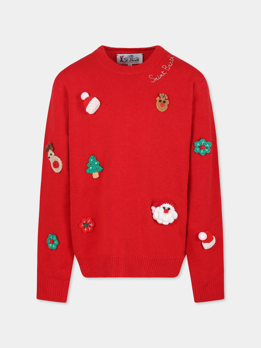 Maglione rosso per bambini con logo e ricami,Mc2 Saint Barth,PRC0003 00190E