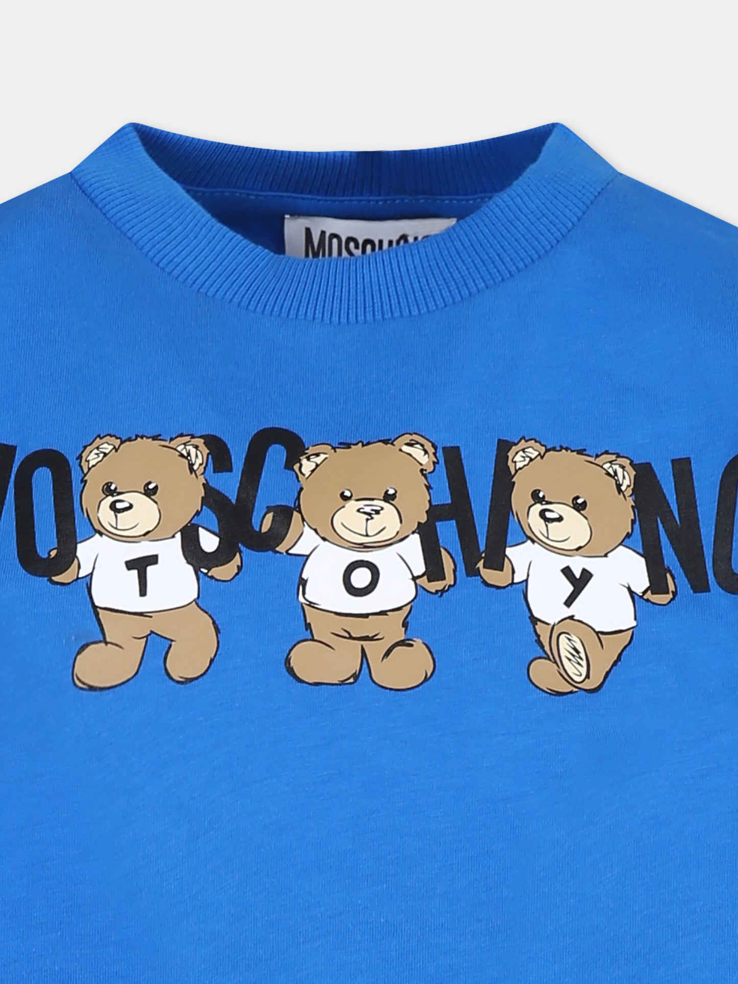 T-shirt blu per bambini con tre Teddy Bears,Moschino Kids,H9M03R LAA10 40515