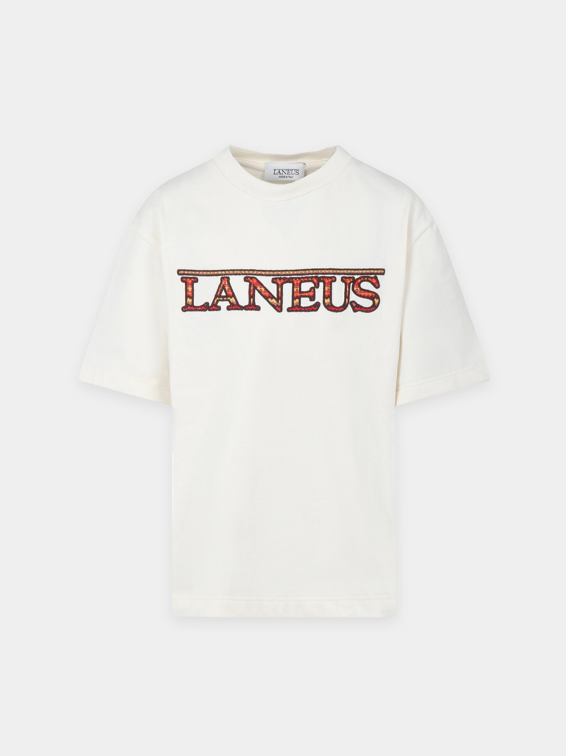 T-shirt avorio per bambini con logo ricamato,Laneus Kids,F5LKJUTH074 013