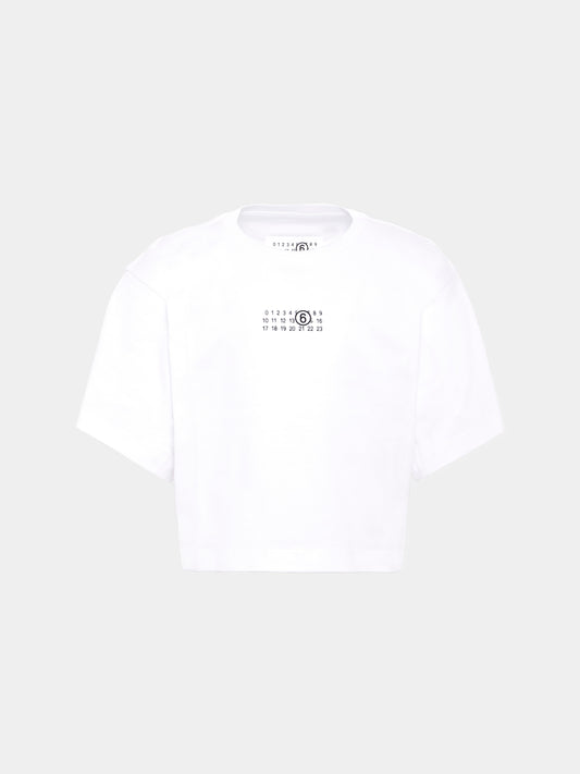 T-shirt crop bianca per bambina con logo numerico,Mm6 Maison Margiela,M60908-MM04I-M6100