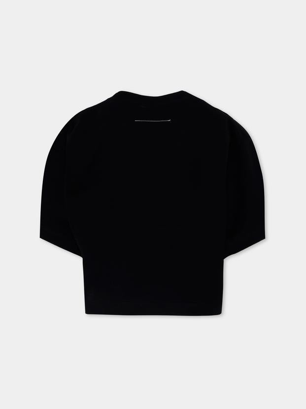 T-shirt crop nera per bambina con logo numerico,Mm6 Maison Margiela,M60908-MM04I-M6900