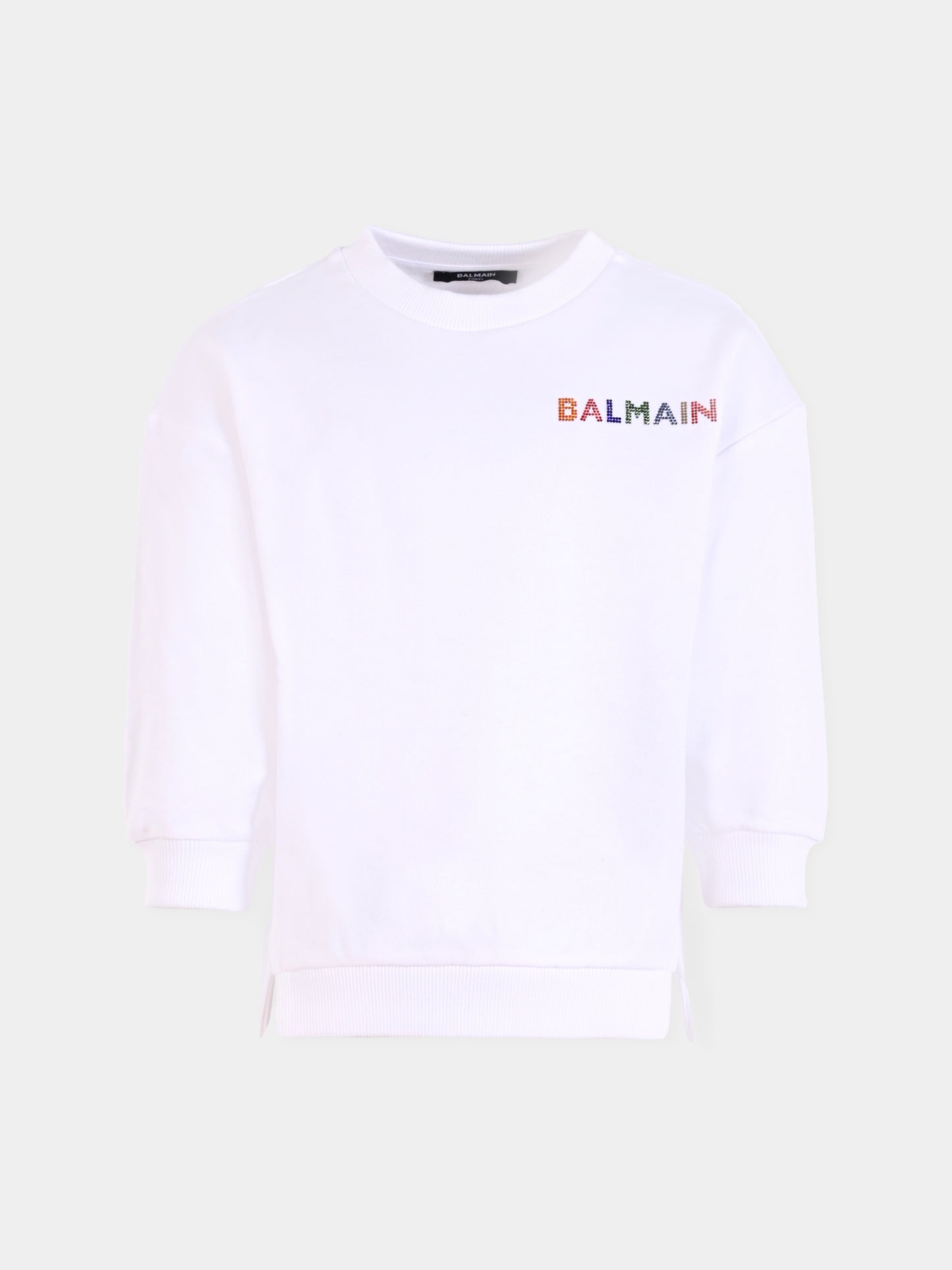 Felpa bianca per bambina con logo di strass,Balmain Kids,BX4A70-Z3183 100MC