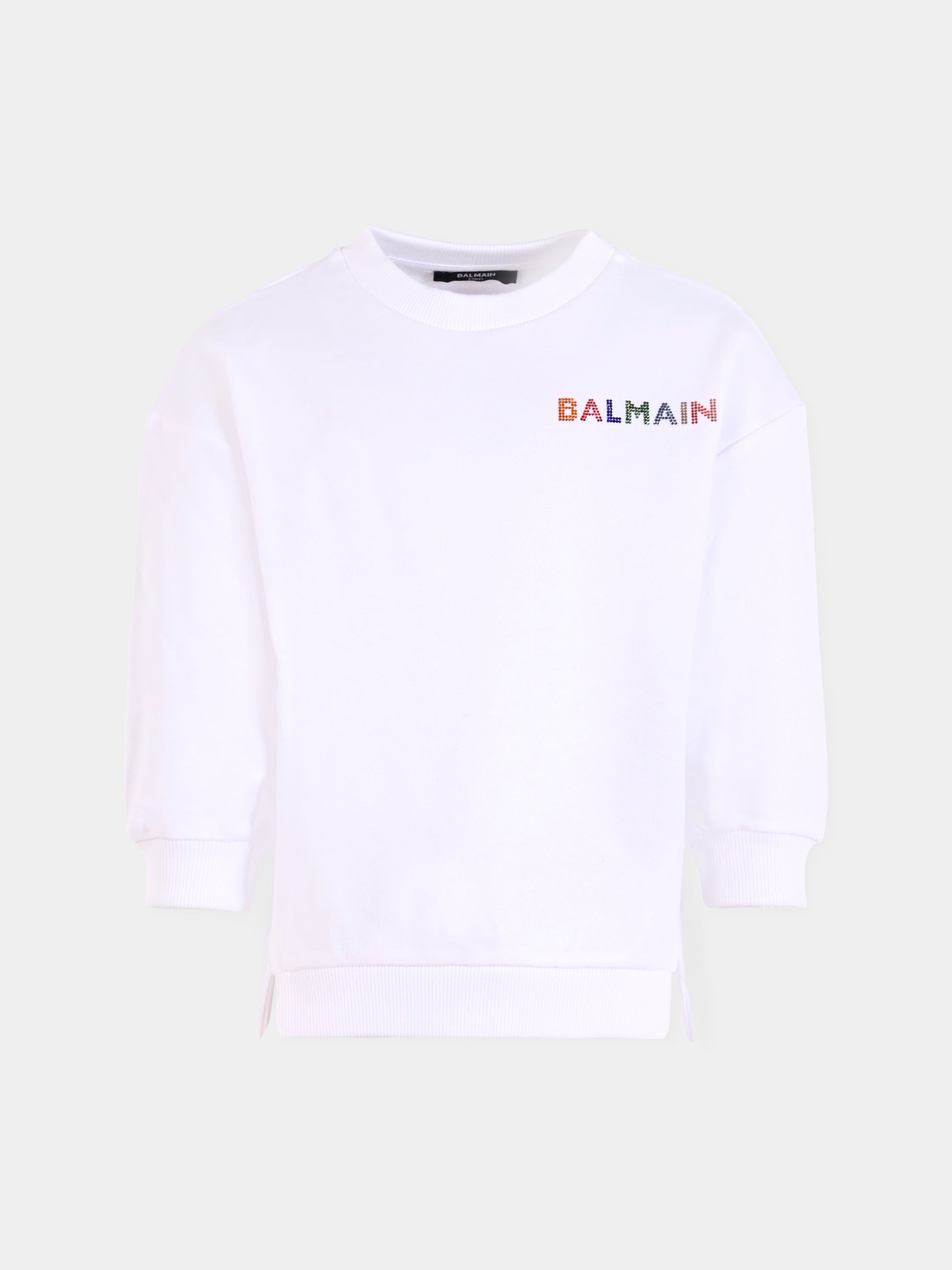 Felpa bianca per bambina con logo di strass,Balmain Kids,BX4A70-Z3183 100MC