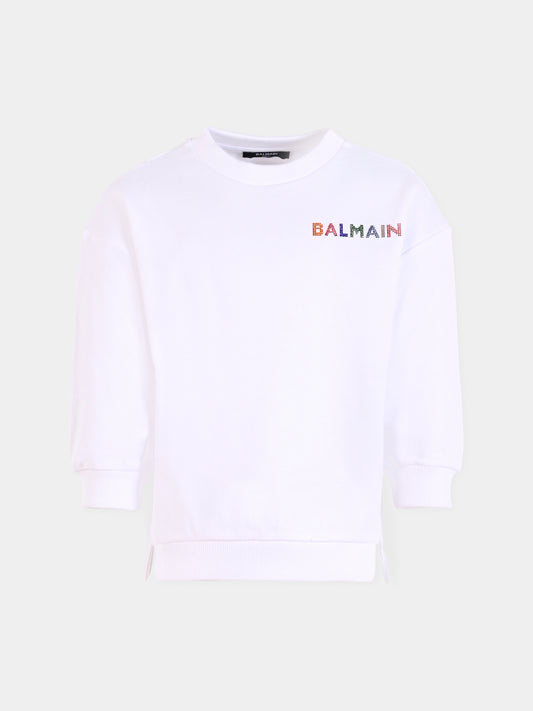 Felpa bianca per bambina con logo di strass,Balmain Kids,BX4A70-Z3183 100MC