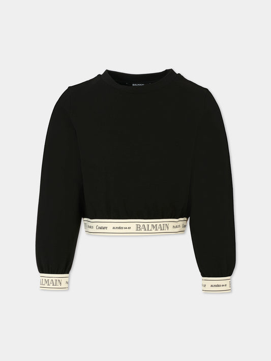 Felpa crop nera per bambina con logo,Balmain Kids,BX4B90-J0371 930AV