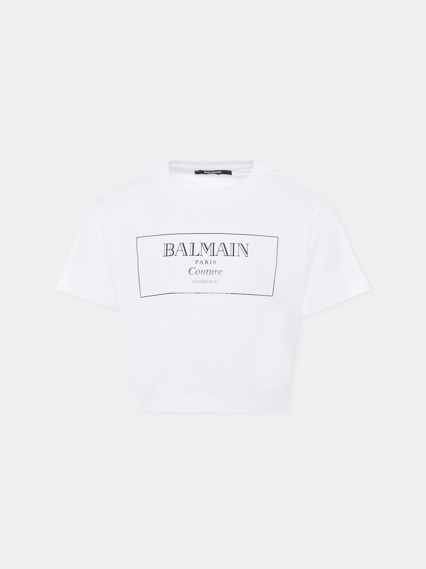 T-shirt crop bianca per bambina con logo,Balmain Kids,BX8A21-Z3186 100NE