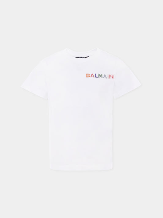 T-shirt bianca per bambina con logo,Balmain Kids,BX8A71-Z3186 100MC