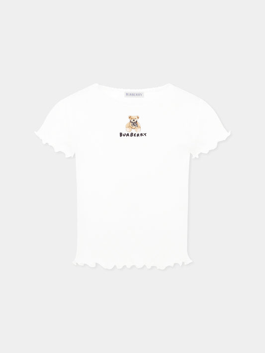 T-shirt bianca per bambina con orsetto e logo,Burberry Kids,8108566 A1464