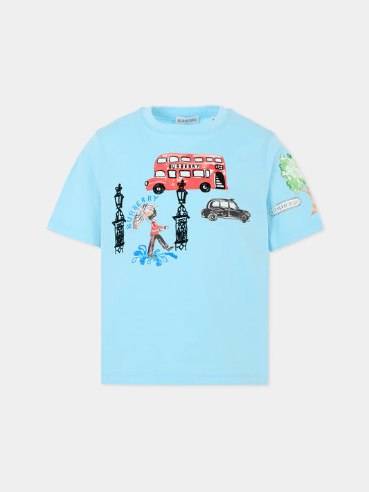 T-shirt azzurra per bambini con bus rosso e ombrello,Burberry Kids,8109526 C3044